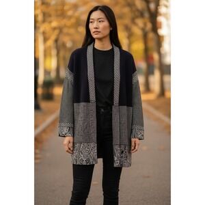 Chicos Open Front Cardigan Sweater Navy Geometric Print Patchwork Size 0 S